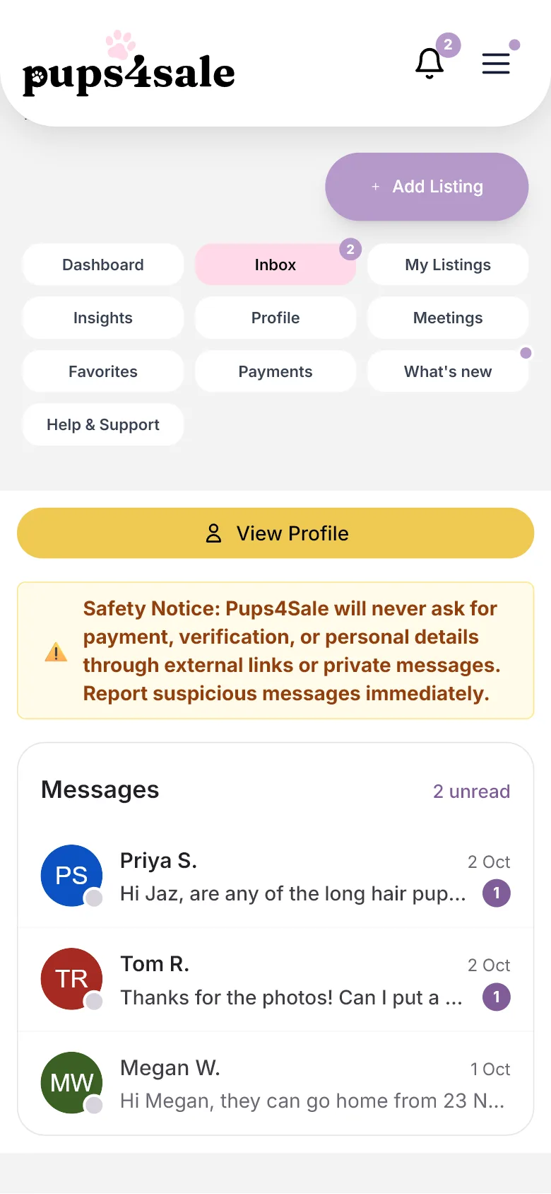 The inbox on a phone, with two unread enquiries from buyers about the puppies